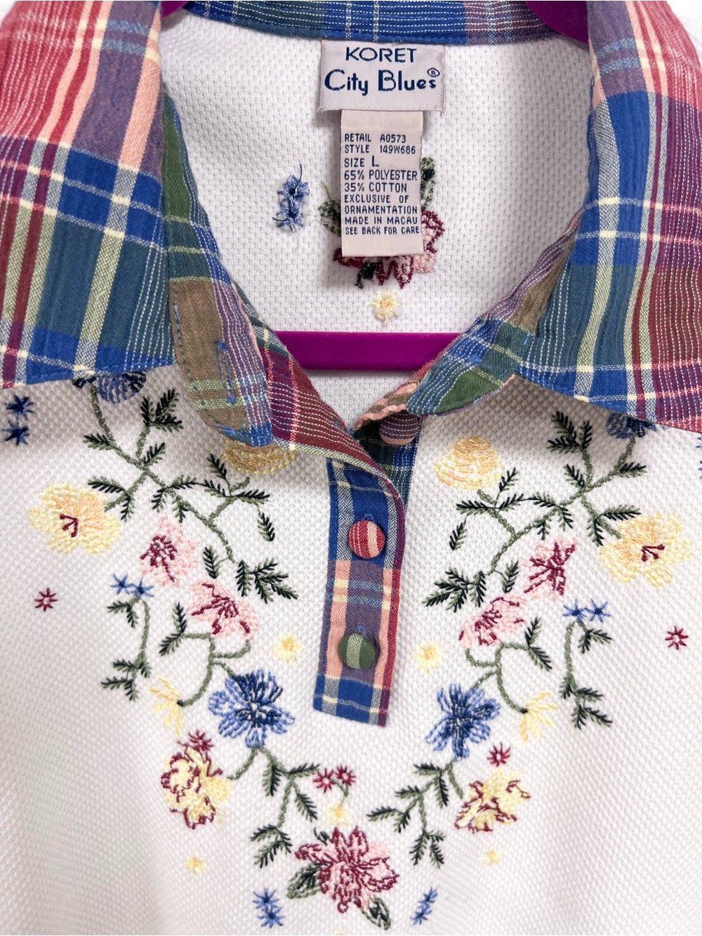 Vtg Koret City Blues floral embroidery white polo - Picture 2 of 3
